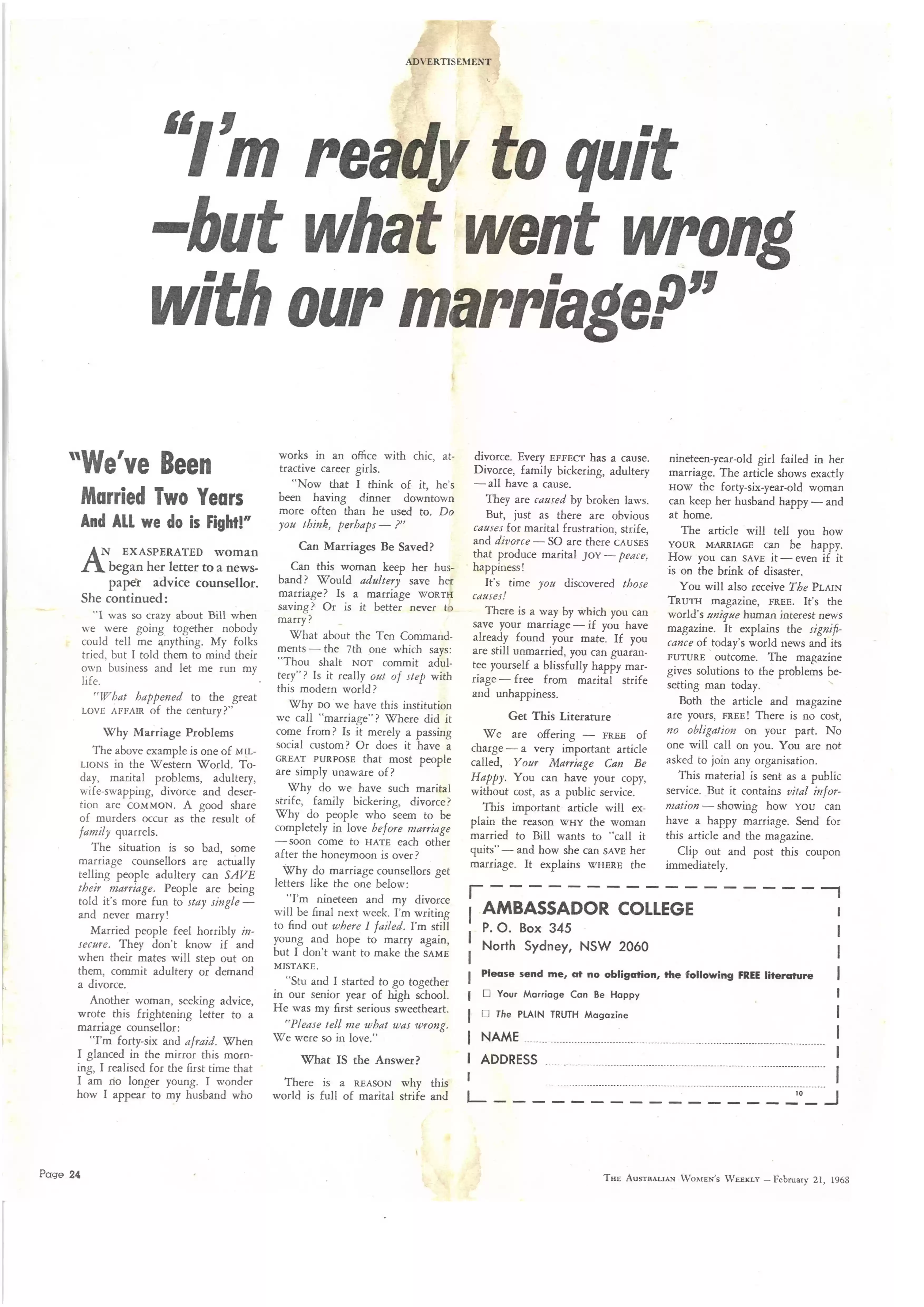 1968 Aus Women's Weekly advert, 21Feb1968